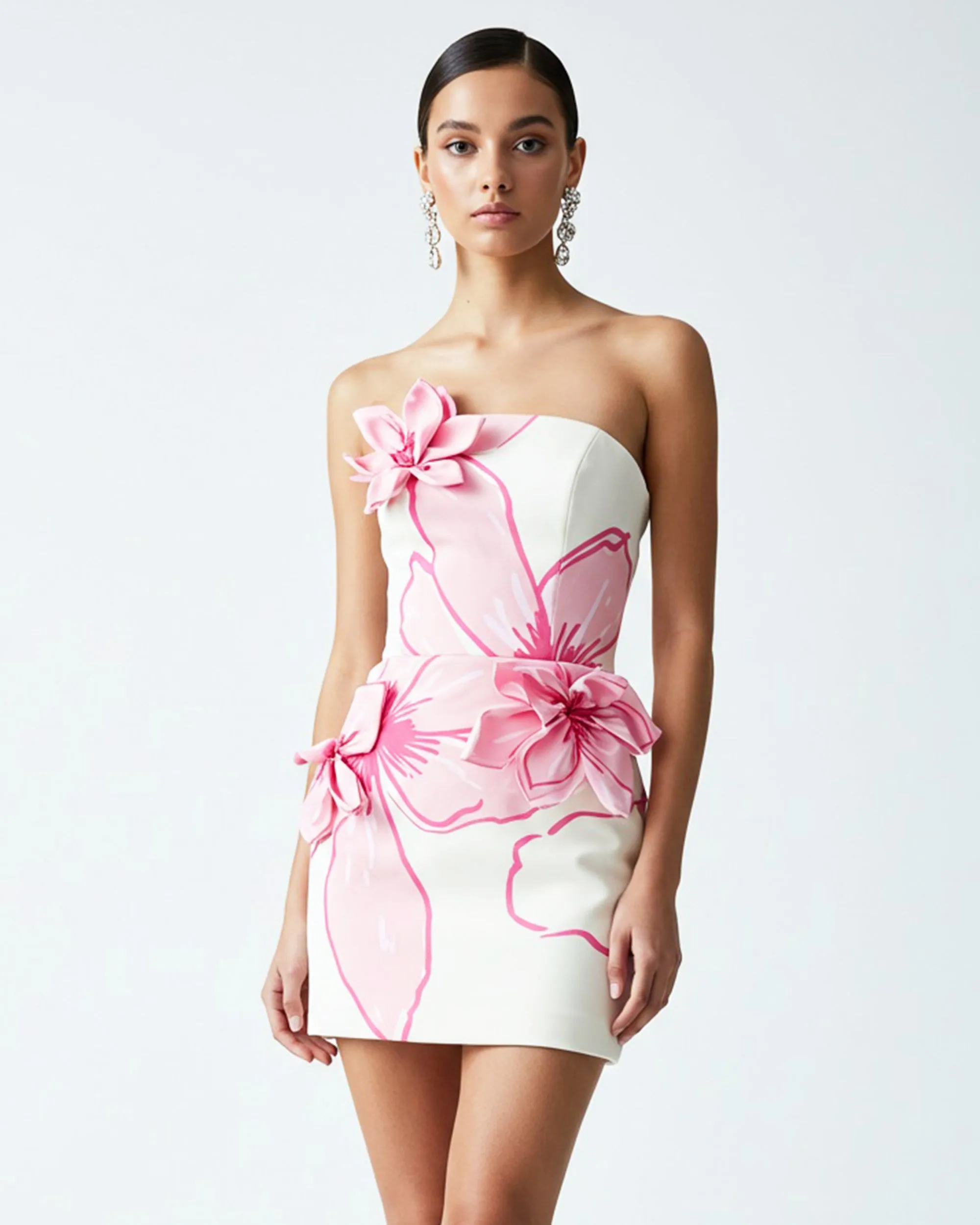 Mini Dress with Pink Floral Appliqués - White/Pink sold by JW PEI