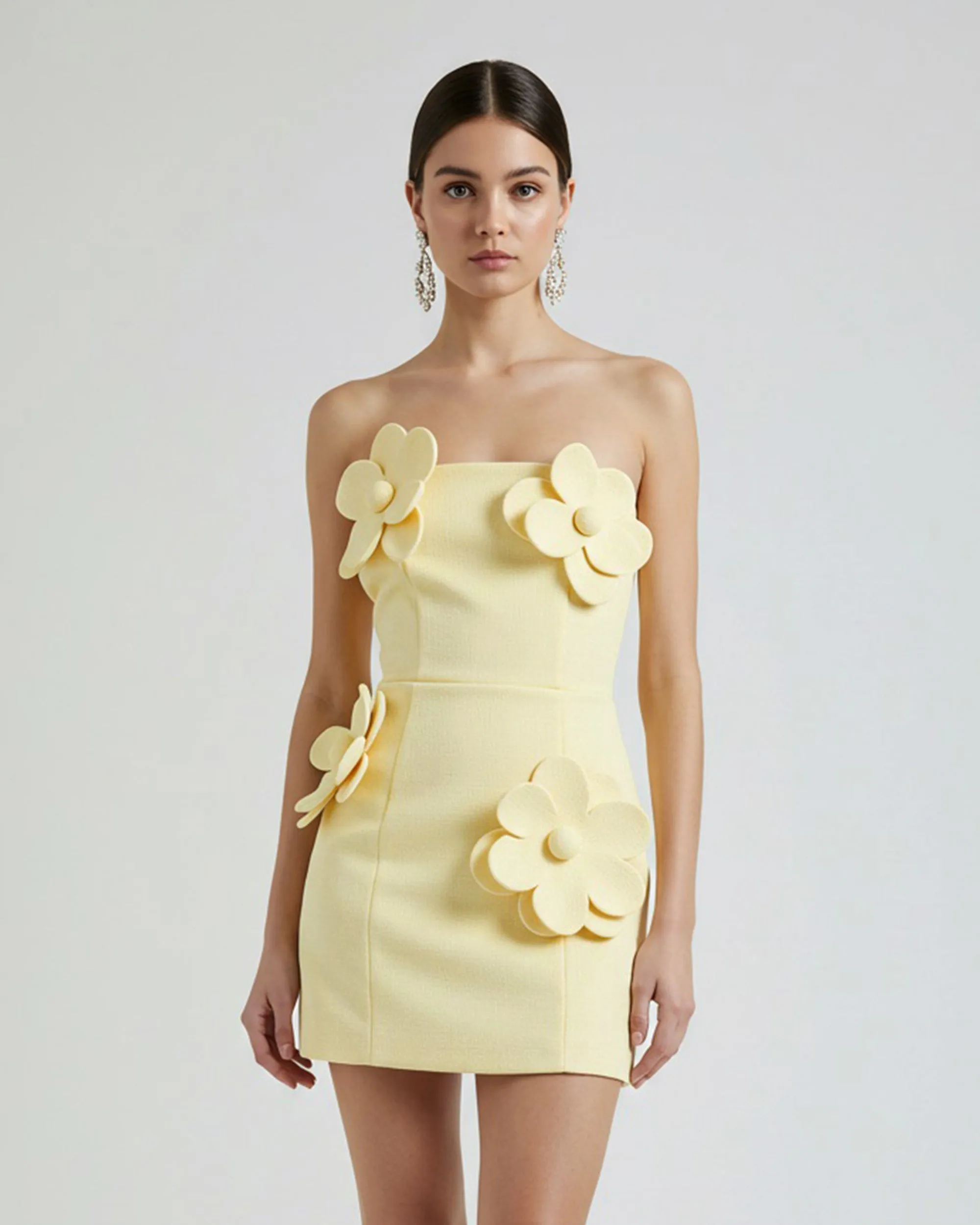 Mini Dress with 3D Floral Appliqués - Yellow sold by JW PEI
