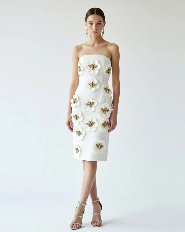 Dress with Floral and Bee Appliqués - White sold by JW PEI