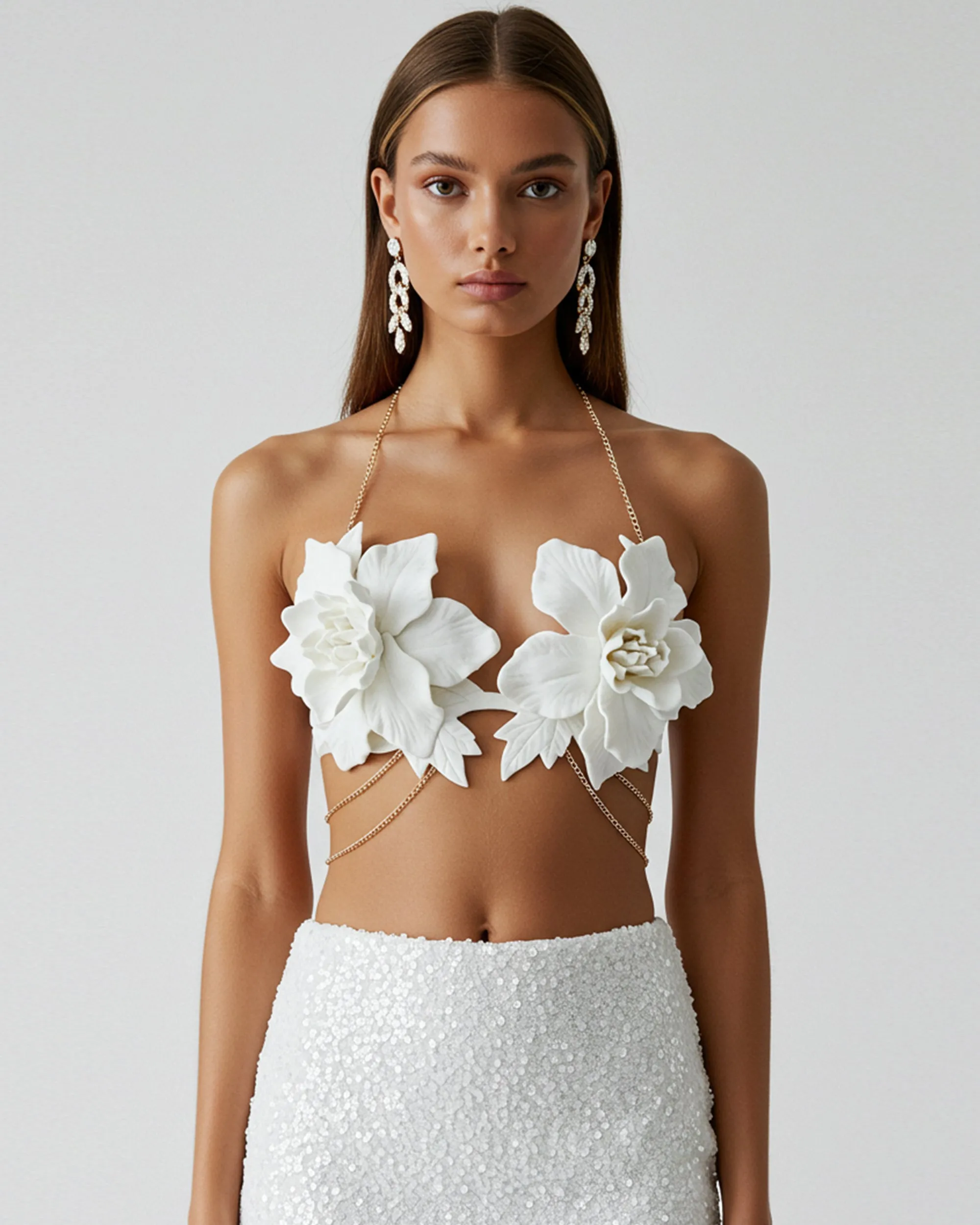 3D Floral Embellished Crop Top - White sold by JW PEI