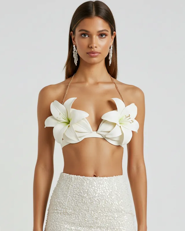 3D Floral Embellished Crop Top - White sold by JW PEI
