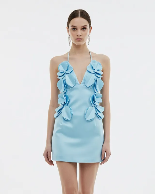 3D Floral Halter Mini Dress – Blue sold by JW PEI