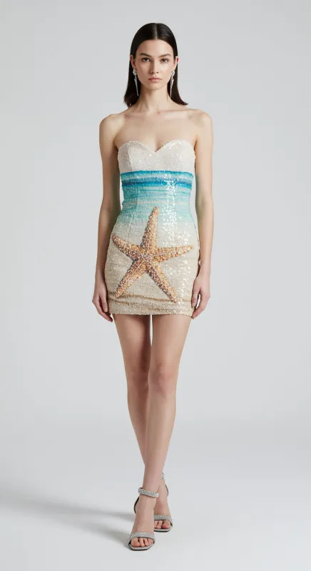 Sequin Beach Print Mini Dress – Light Blue sold by JW PEI
