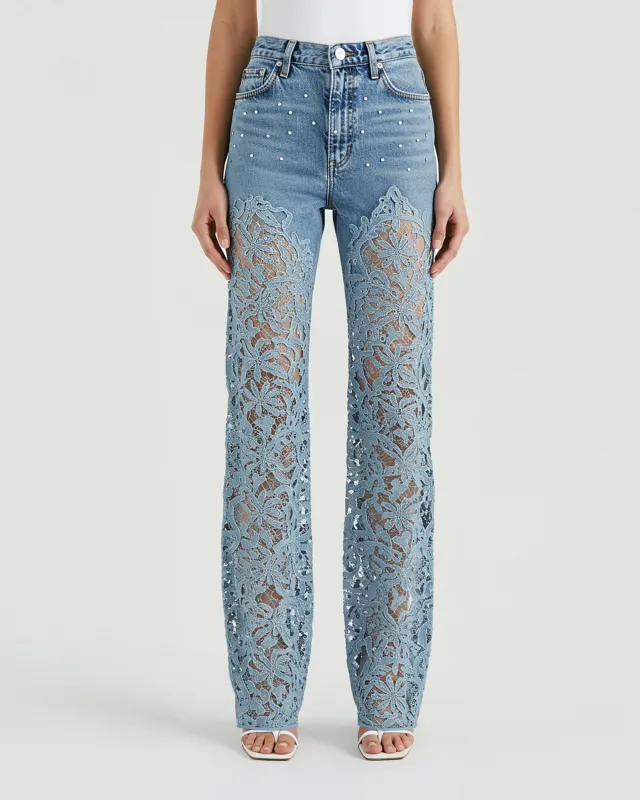 Embroidered Lace Overlay Jeans – Blue sold by JW PEI
