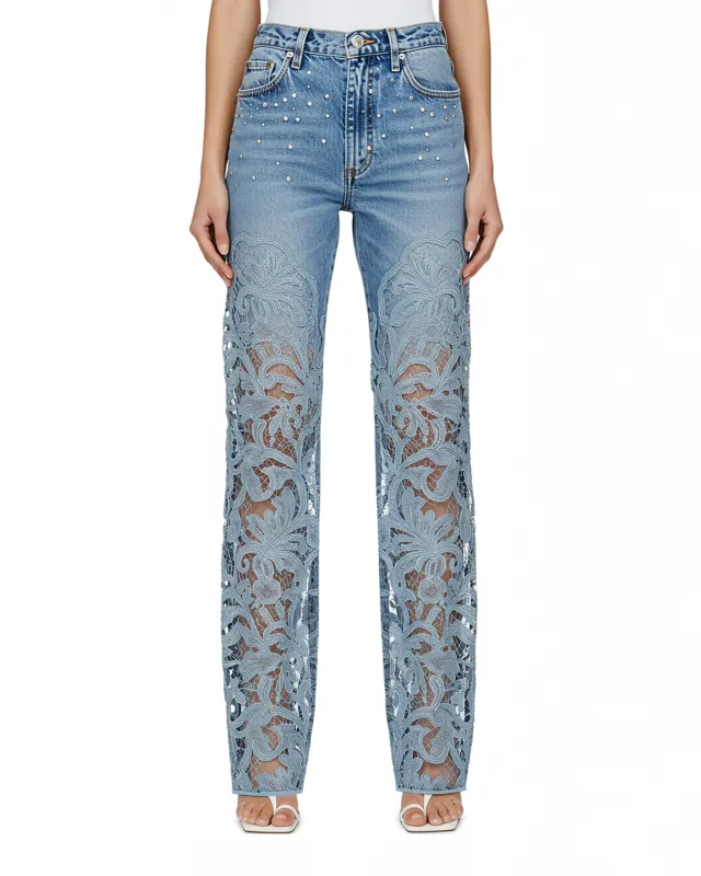 Lace Panel Embellished Jeans – Blue sold by JW PEI