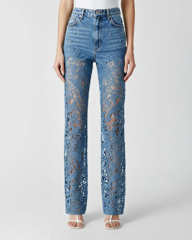 Lace Panel Straight Jeans – Blue sold by JW PEI