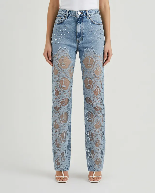 Embellished Lace Overlay Jeans – Blue sold by JW PEI