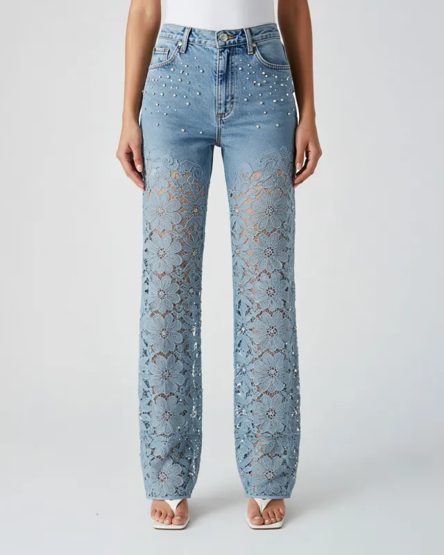 Lace Overlay Straight Jeans – Light Blue sold by JW PEI