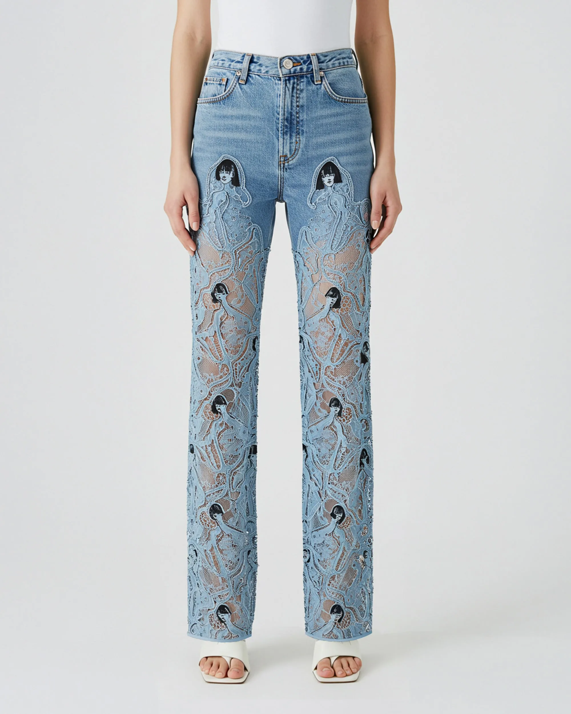 Embroidered Lace Overlay Jeans – Light Blue sold by JW PEI
