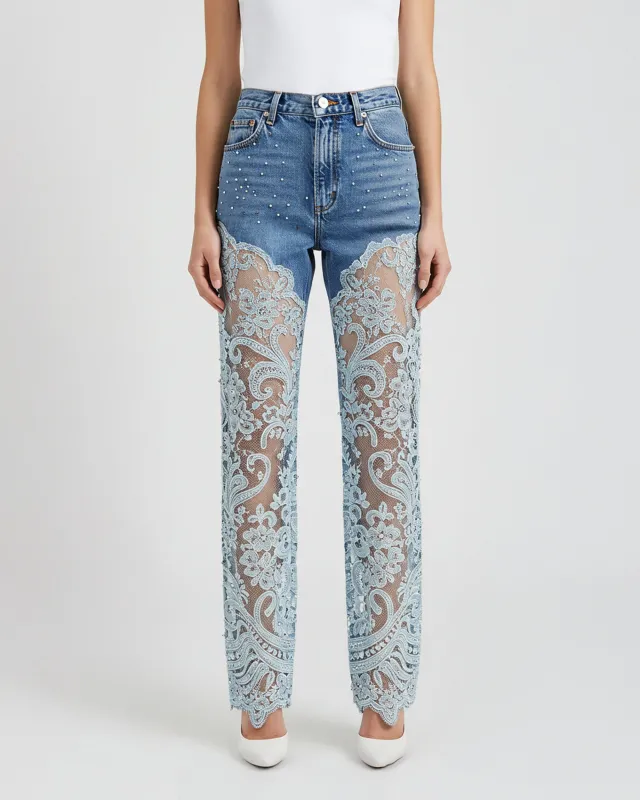 Lace Overlay Denim Pants – Blue sold by JW PEI