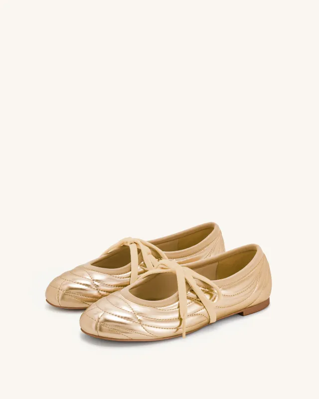 Erika Topstitching Lace-up Ballet Flats - Champagne Color sold by JW PEI