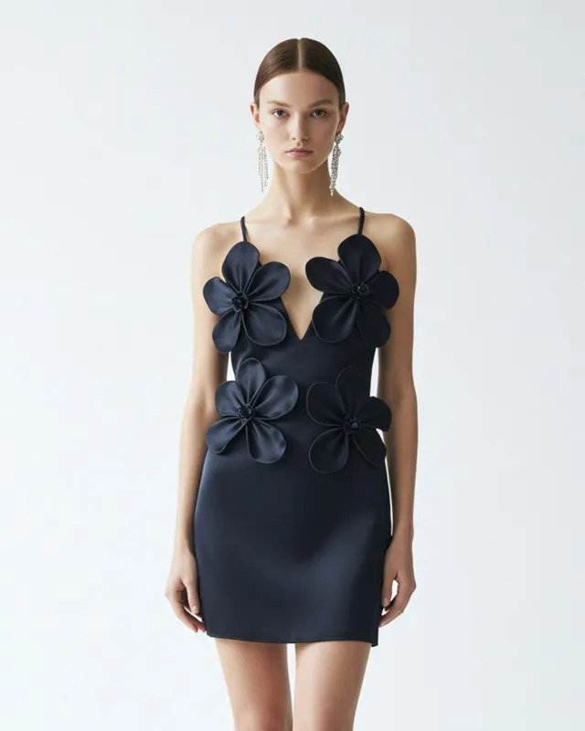 Satin Floral Appliqué Mini Dress – Navy sold by JW PEI