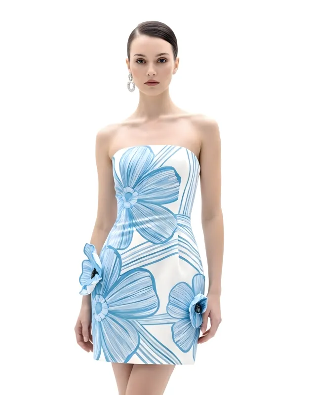 Strapless Blue Floral Mini Dress – White sold by JW PEI