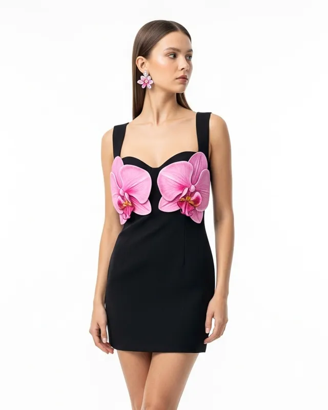 Orchid Appliqué Mini Dress – Black sold by JW PEI