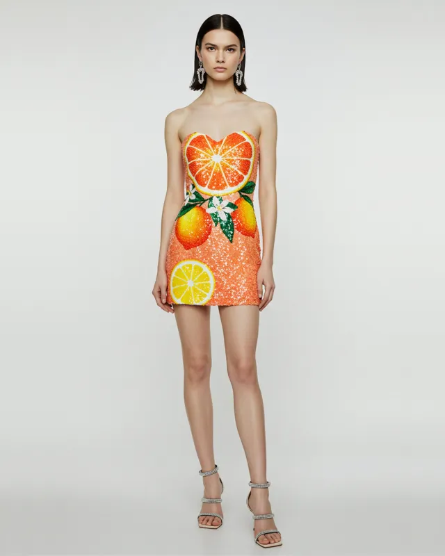 Sequin Citrus Artwork Mini Dress – Orange sold by JW PEI
