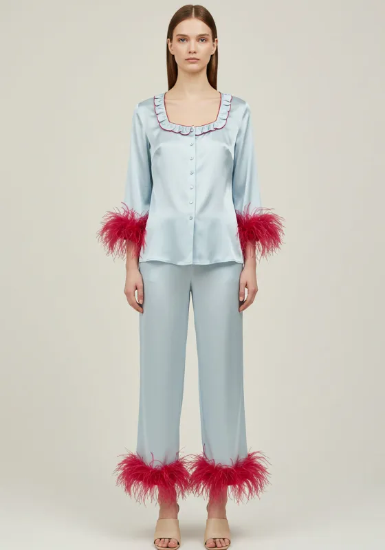 Feather Trim Satin Pajama Set – Light Blue sold by JW PEI