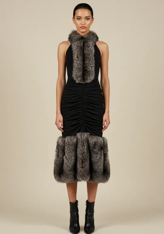 Fur Embellished Ruched Midi Dress – Black made by JW PEI