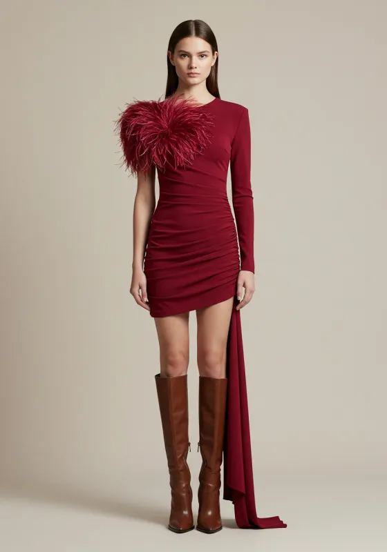 Asymmetric Feather Embellished Dress – Burgundy sold by JW PEI