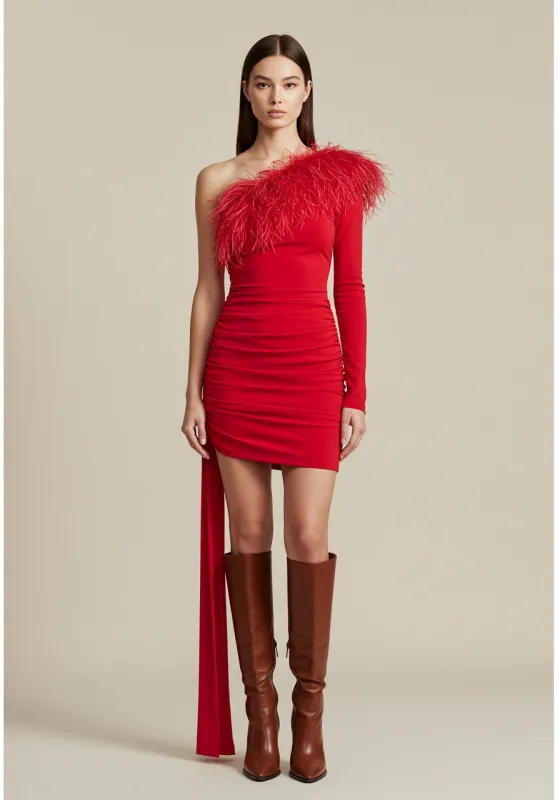 Feather Trim One-Shoulder Dress – Red made by JW PEI