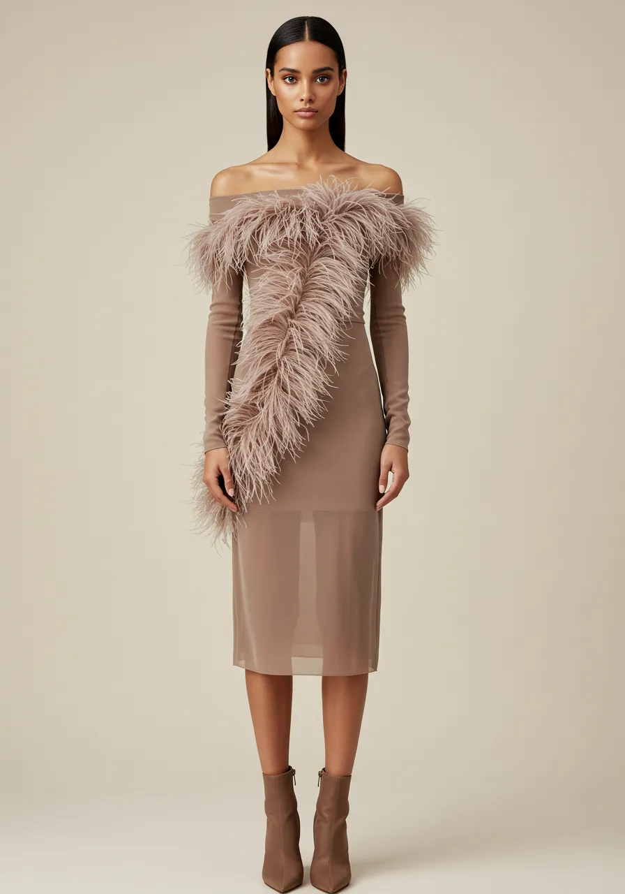 Feather Trim Mesh Dress – Taupe sold by JW PEI