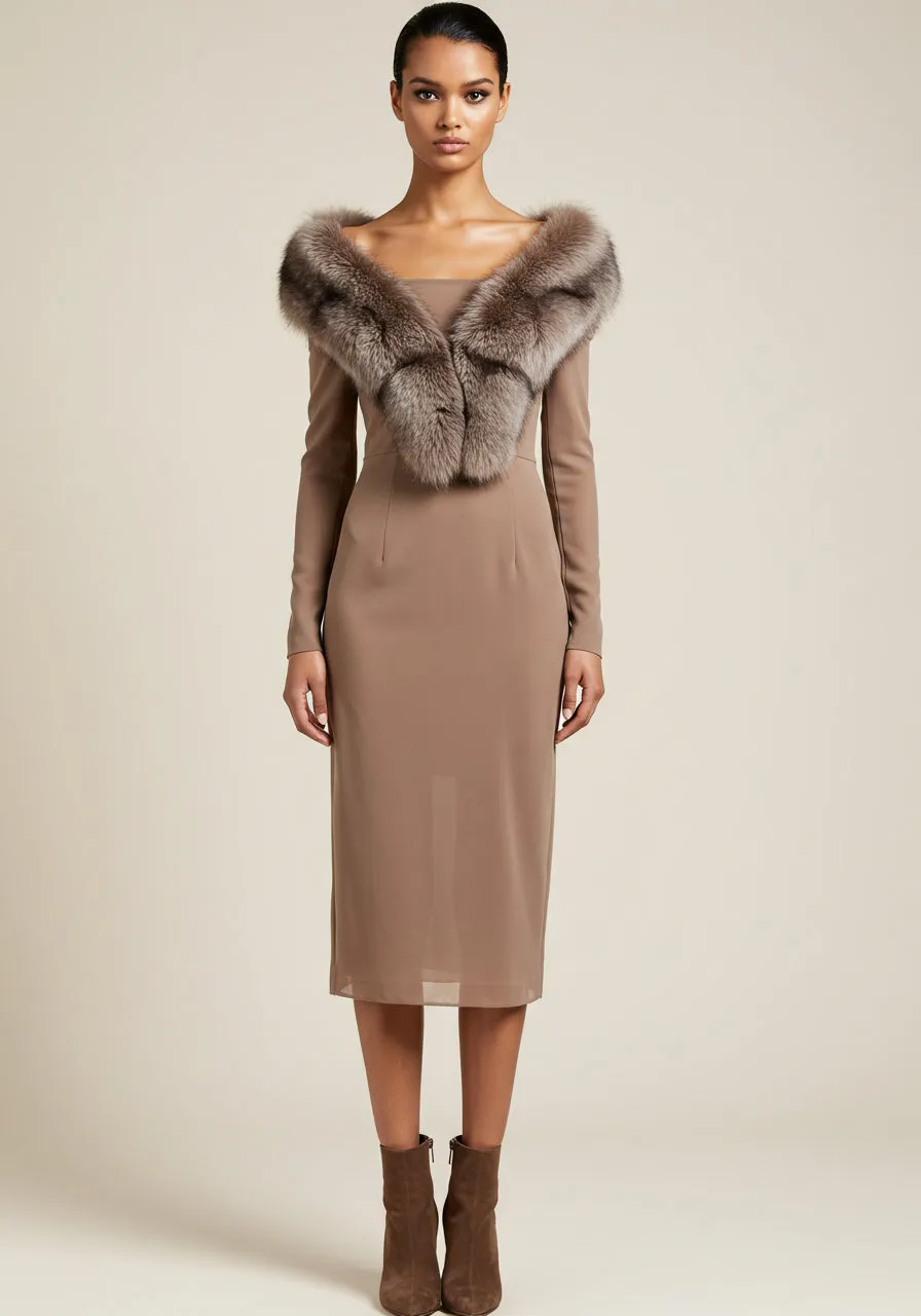 Faux Fur Collar Midi Dress – Taupe sold by JW PEI