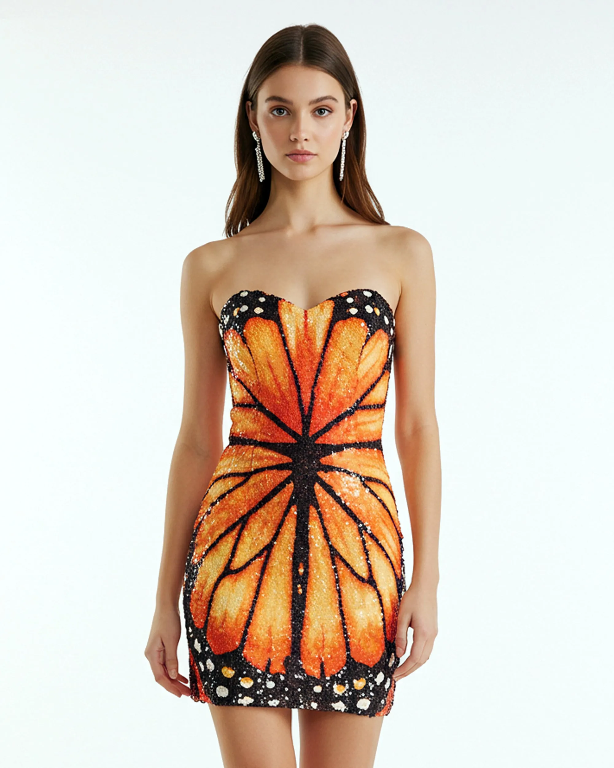 Butterfly Sequin Strapless Dress – Orange sold by JW PEI
