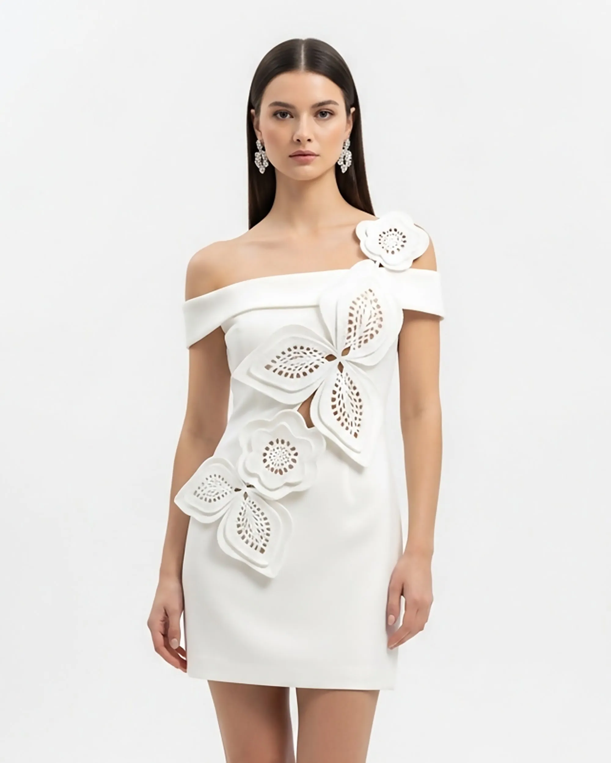 Floral Appliqué Mini Dress – White sold by JW PEI