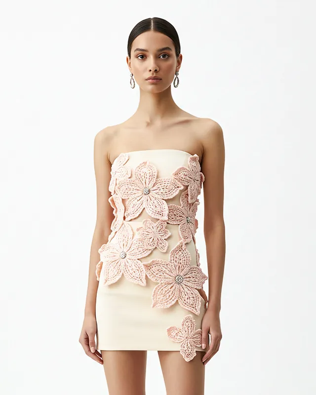 Strapless Crochet Floral Mini Dress – Cream sold by JW PEI