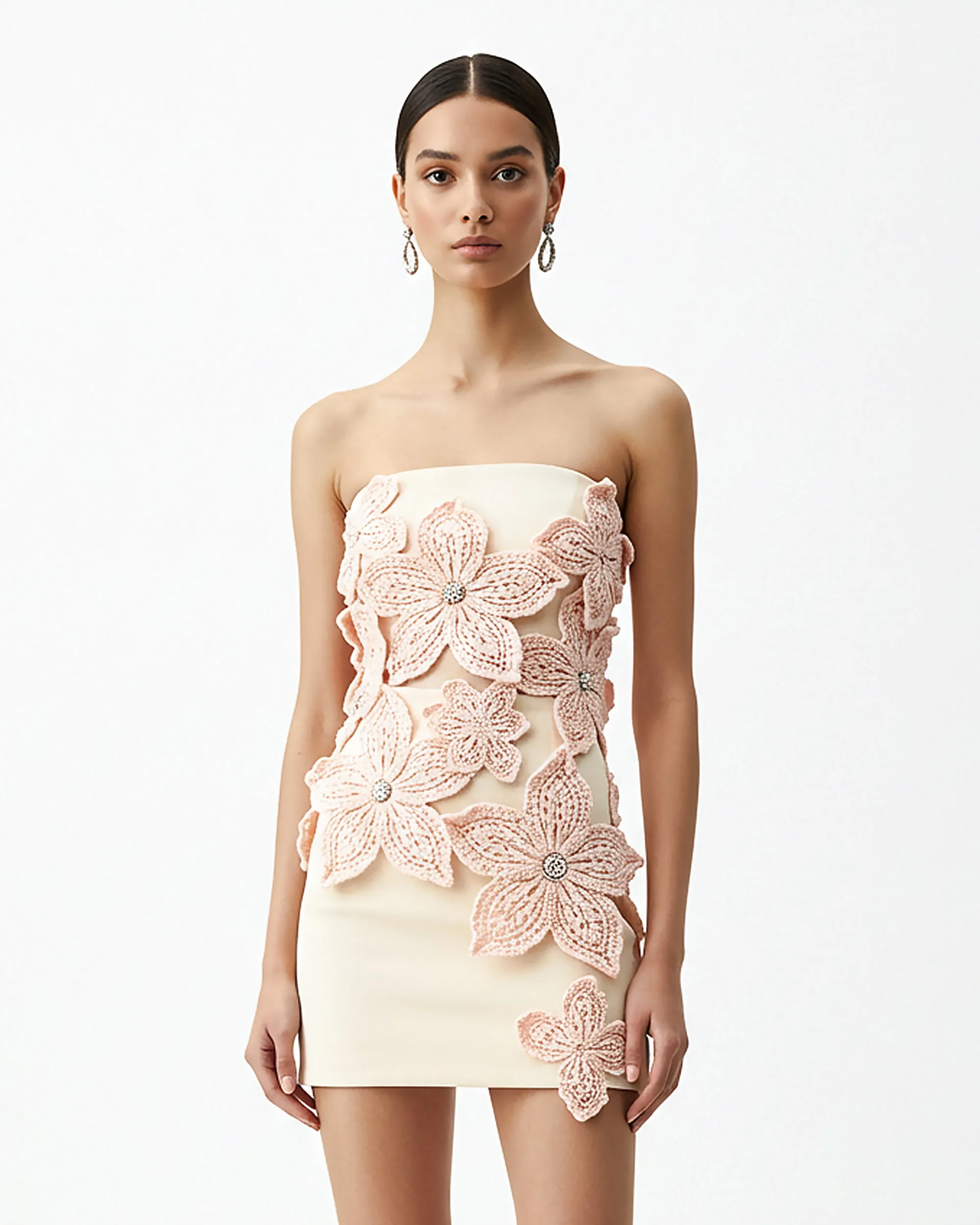 Strapless Crochet Floral Mini Dress – Cream sold by JW PEI