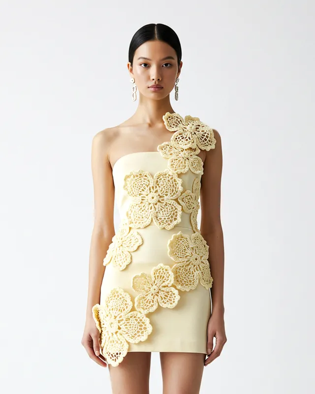 Crochet Floral Appliqué Mini Dress – Yellow sold by JW PEI