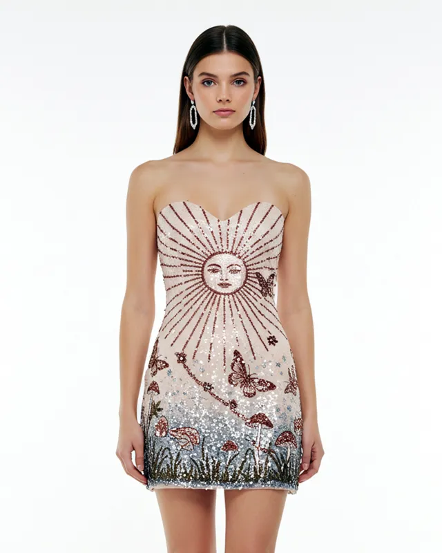 Sun Motif Sequin Mini Dress – Beige sold by JW PEI