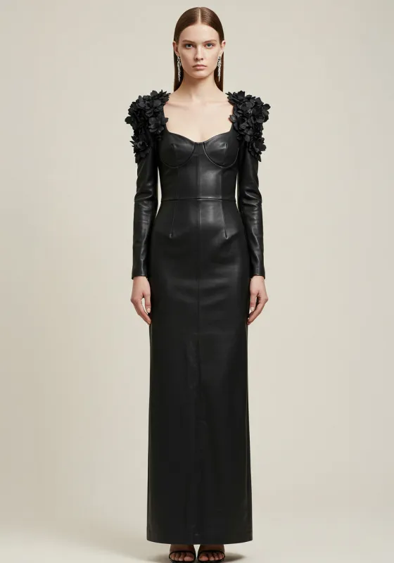 Floral Appliqué Long Dress – Black sold by JW PEI