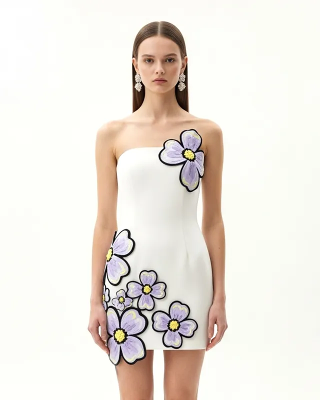 Strapless Floral Appliqué Mini Dress – White sold by JW PEI