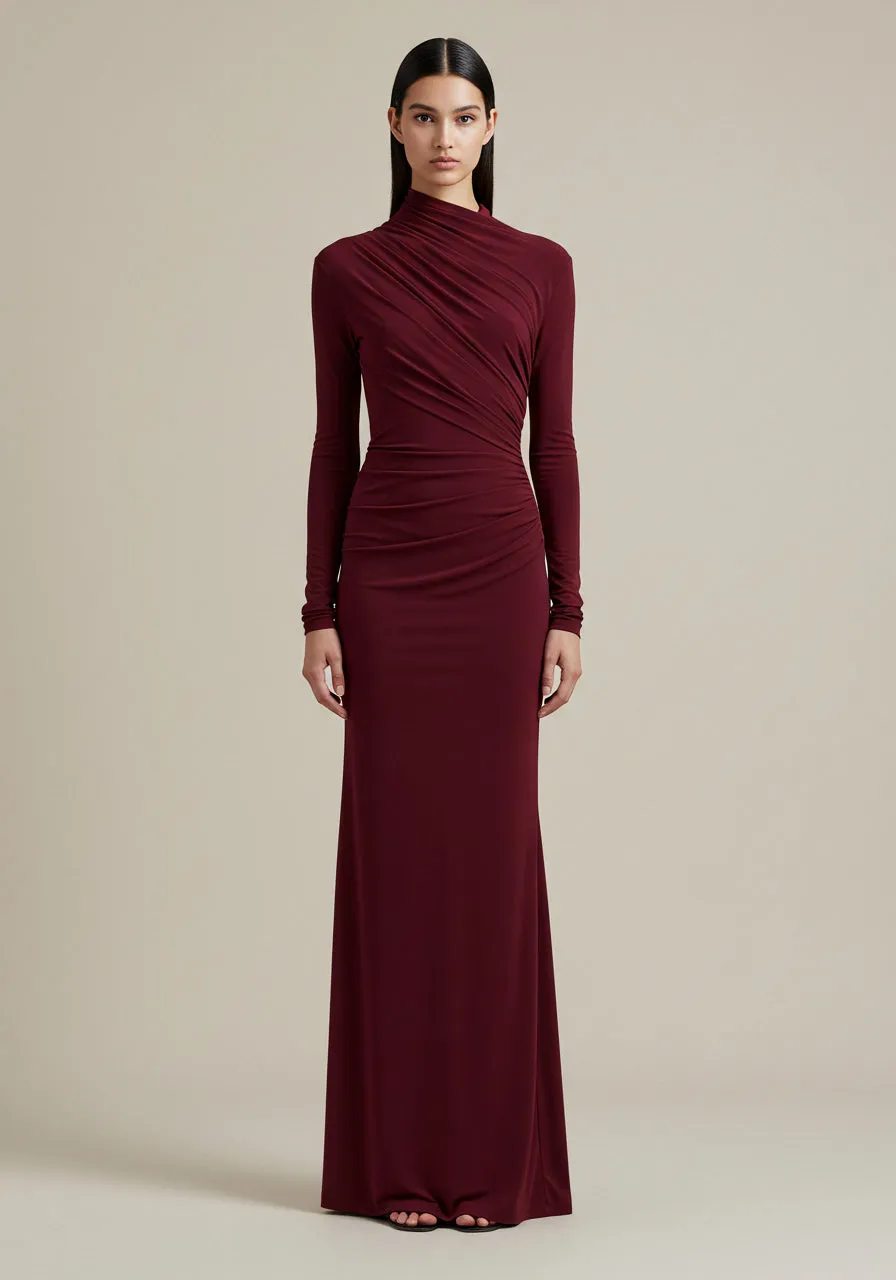 Draped Long Sleeve Gown – Burgundy sold by JW PEI