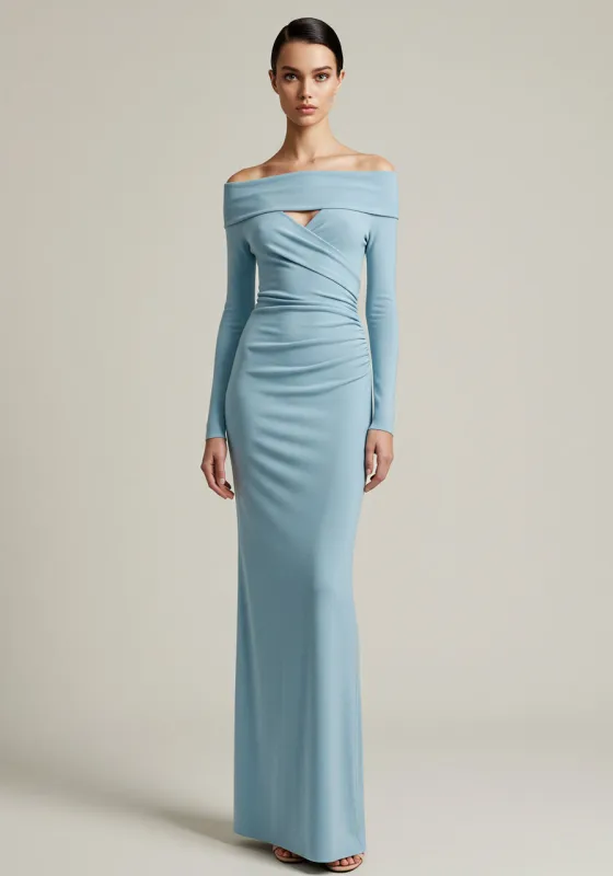 Off-Shoulder Fitted Maxi Dress – Light Blue sold by JW PEI