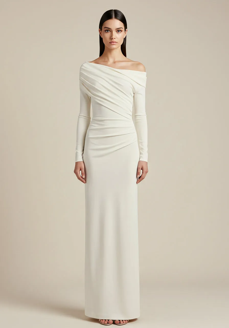 Draped Off Shoulder Gown – Ivory sold by JW PEI
