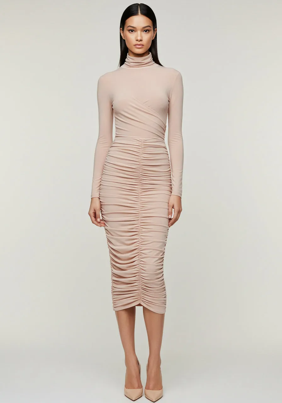 Ruched Turtleneck Midi Dress – Beige sold by JW PEI