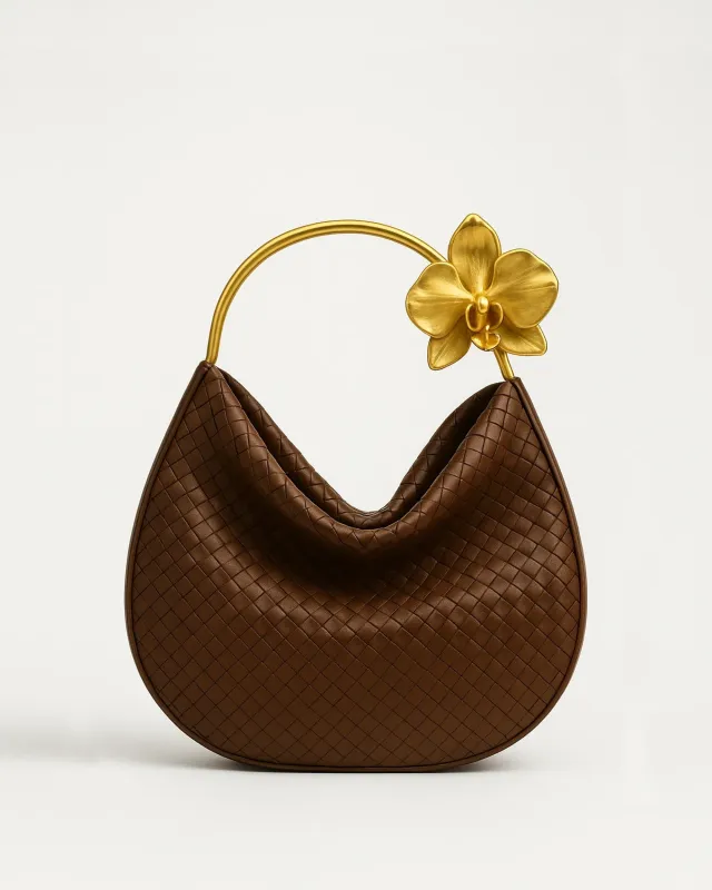 Clara Metal Orchid Top Handle Bag - Brown sold by JW PEI
