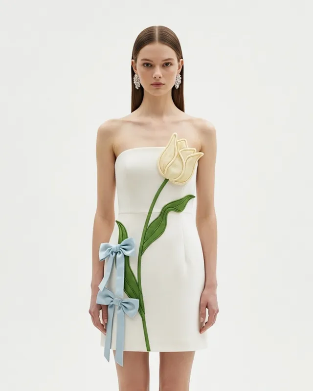 Strapless Tulip Appliqué Mini Dress – White sold by JW PEI