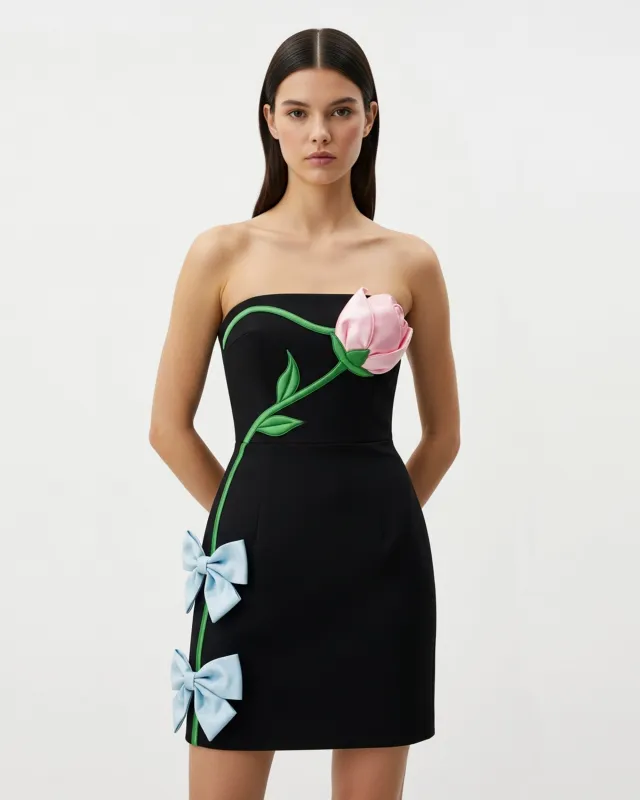 Strapless Floral Embellished Dress – Black sold by JW PEI
