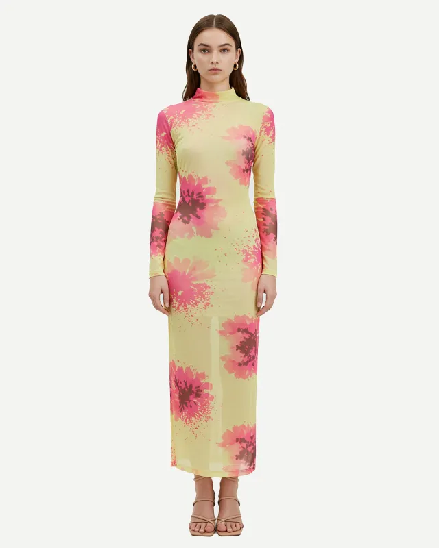 Floral Print Mesh Mock Neck Dress – Yellow sold by JW PEI