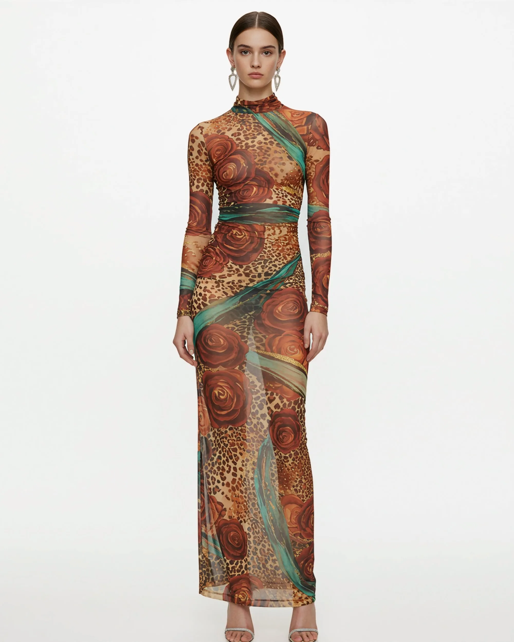 Sheer Animal Mesh Rose Print Dress – Brown sold by JW PEI