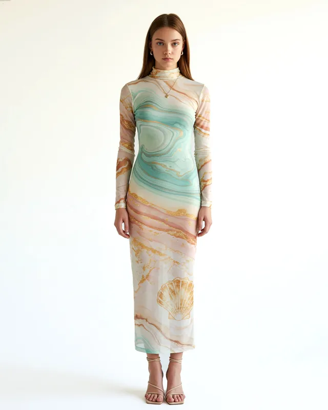 Marbled Print Mesh Long Dress – Green sold by JW PEI