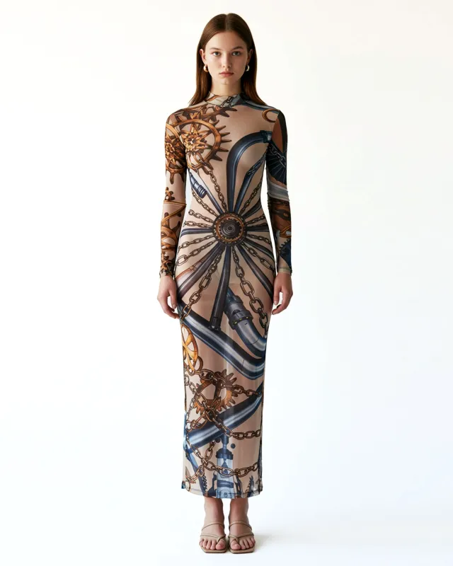 Gear Print Mesh Maxi Dress – Neutral sold by JW PEI