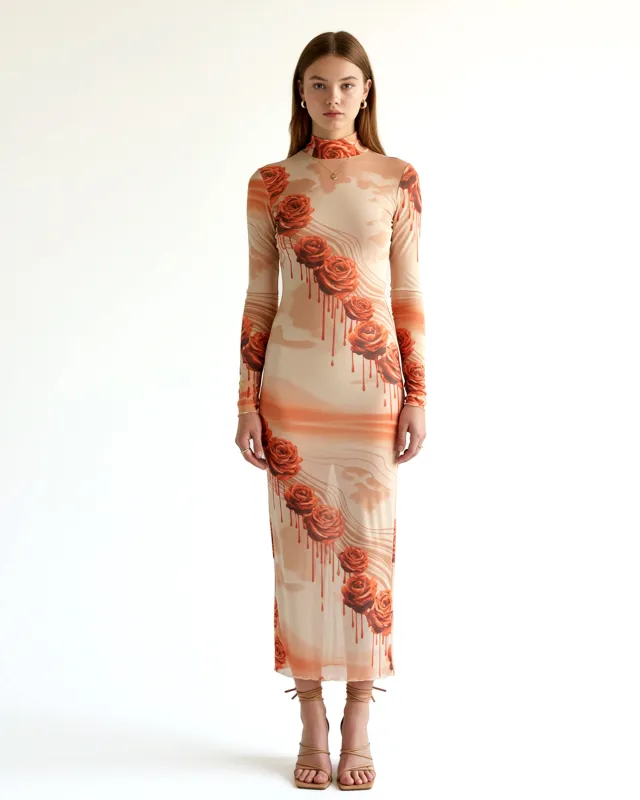 Dripping Rose Mesh Print Dress – Orange sold by JW PEI