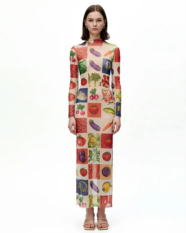 Color Block Food Mesh Print Dress – Neutral sold by JW PEI
