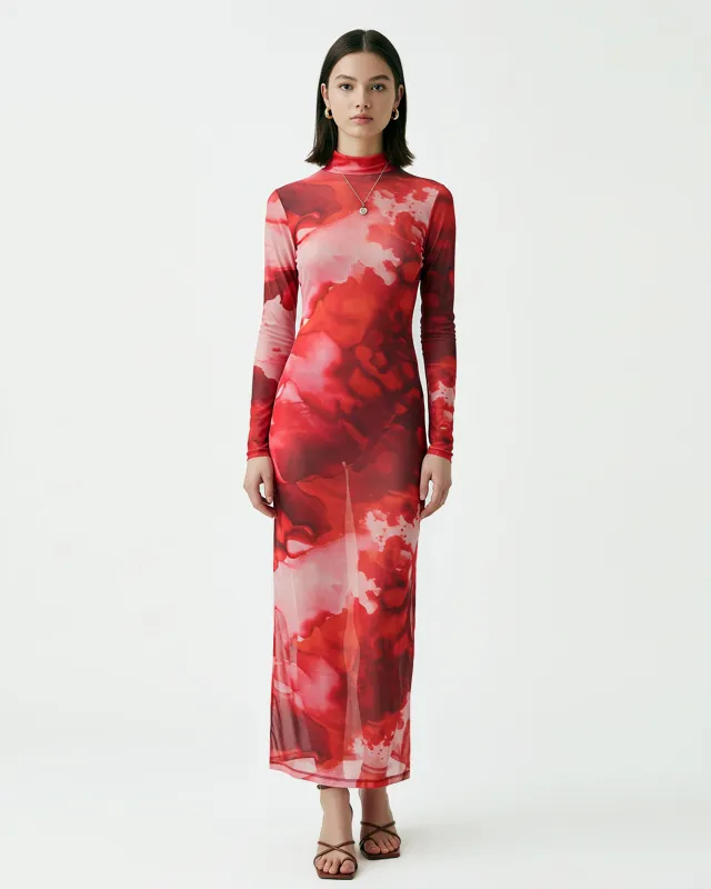 Abstract Print Mesh Maxi Dress – Red sold by JW PEI