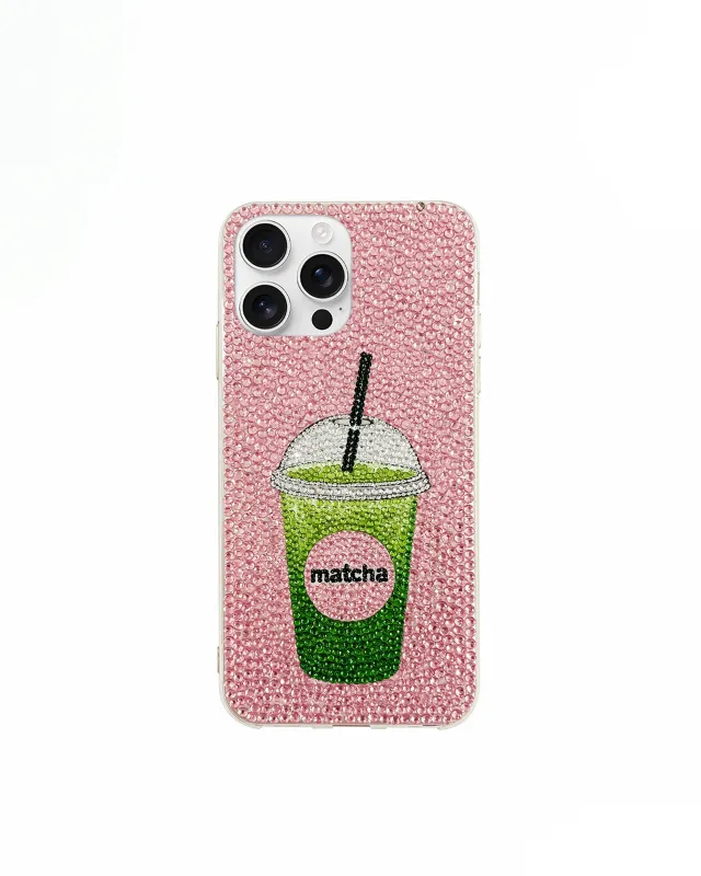 Matcha Drink Artificial Crystal Phone Case – Pink sold by JW PEI