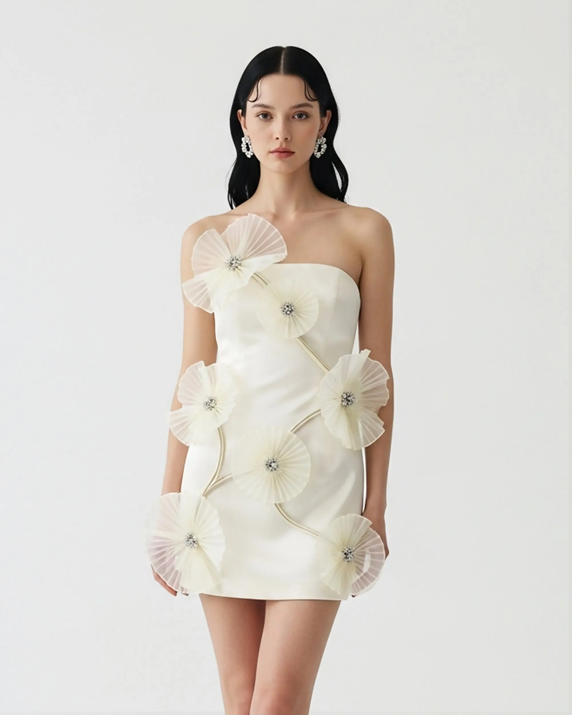 Strapless Pleated Floral Mini Dress – White sold by JW PEI