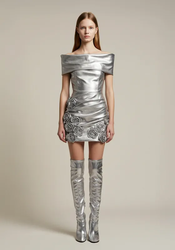 Metallic Off Shoulder Mini Dress – Silver made by JW PEI